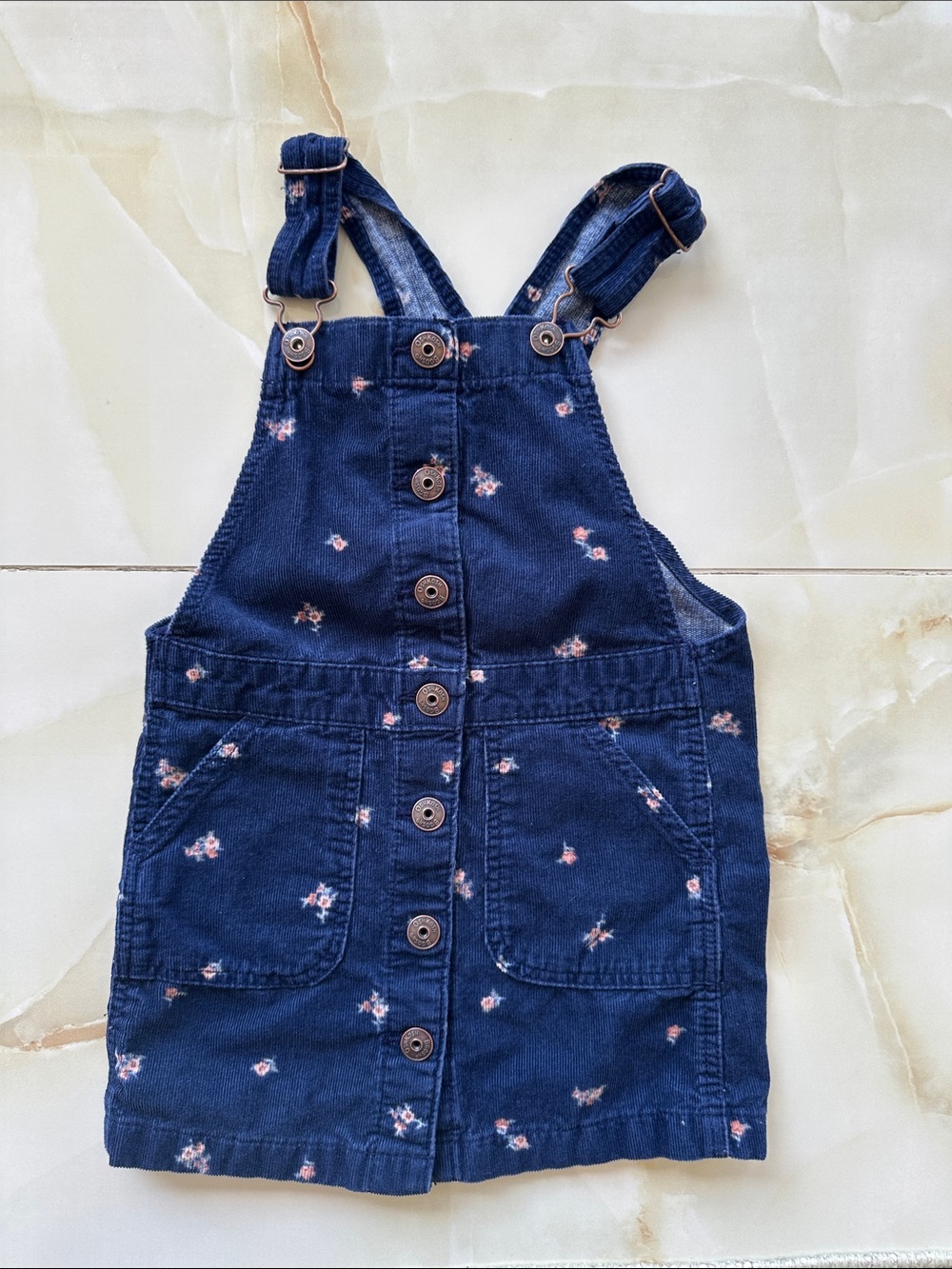 Girls Navy Floral Button-Front Overall Dress